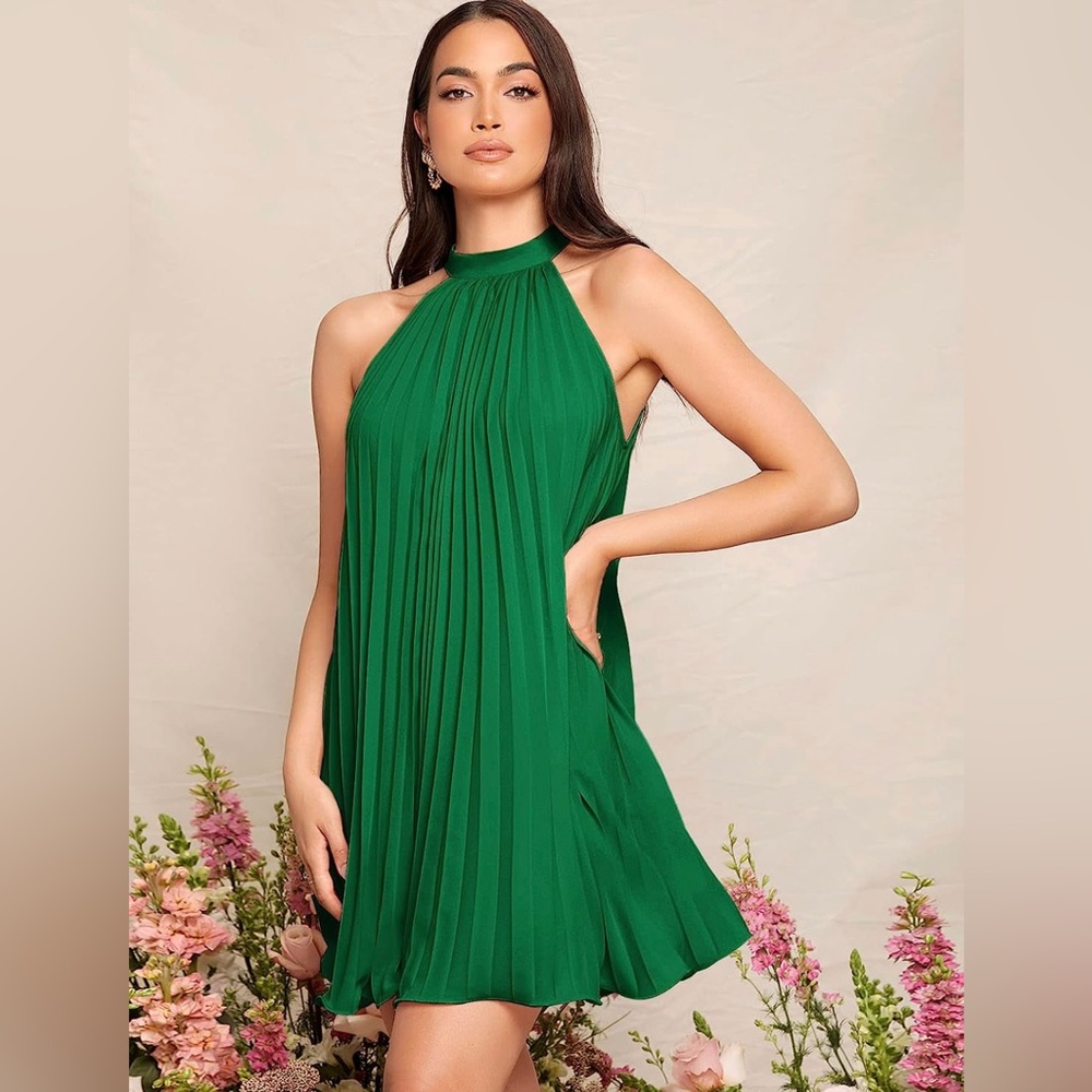 Women’s Casual Sleeveless Tie Back Halter Dress Mini Swing Pleated